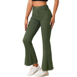 Vintage Flare Jeans High Waist Stretch Denim Bell Bottoms Jeans Army Green